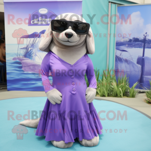 Lavender Sea Lion mascot costume character dressed with a A-Line Skirt and Sunglasses