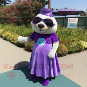 Lavender Sea Lion mascot costume character dressed with a A-Line Skirt and Sunglasses