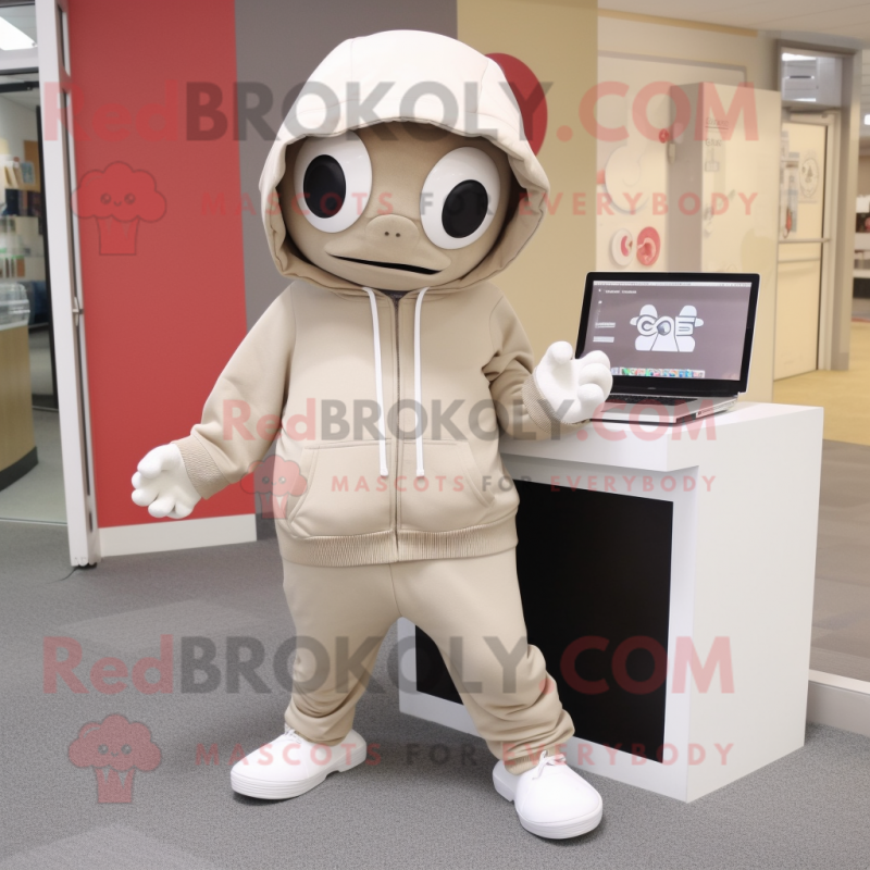 Beige Computer mascot costume character dressed with a Hoodie and Tote bags