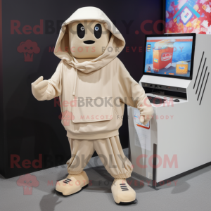 Beige Computer mascot costume character dressed with a Hoodie and Tote bags