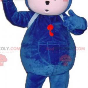 Mascotte de bonhomme bleu de nounours avec des lunettes -