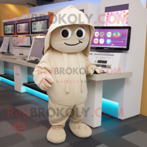 Beige Computer mascot costume character dressed with a Hoodie and Tote bags