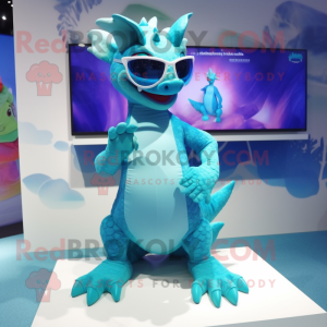 Cyan Dragon mascot costume character dressed with a Swimwear and Eyeglasses
