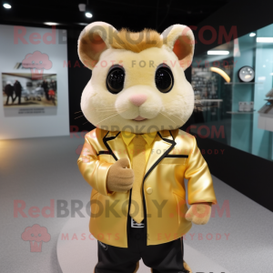 Gold Hamster mascot costume character dressed with a Leather Jacket and Tie pins