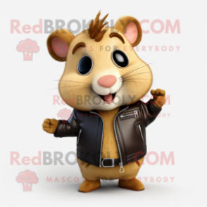 Gold Hamster mascot costume character dressed with a Leather Jacket and Tie pins