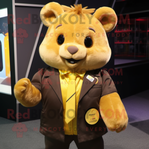 Gold Hamster mascot costume character dressed with a Leather Jacket and Tie pins