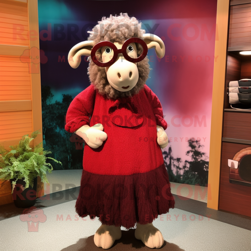 Maroon Merino Sheep mascot costume character dressed with a Midi Dress and Eyeglasses