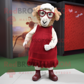 Maroon Merino Sheep mascot costume character dressed with a Midi Dress and Eyeglasses