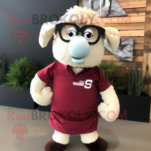 Maroon Merino Sheep mascot costume character dressed with a Midi Dress and Eyeglasses