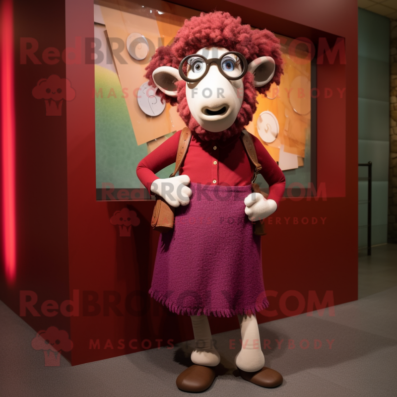 Maroon Merino Sheep mascot costume character dressed with a Midi Dress and Eyeglasses Maroon Merino Sheep mascot costume character dressed with a Midi Dress and Eyeglasses