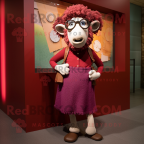 Maroon Merino Sheep mascot costume character dressed with a Midi Dress and Eyeglasses