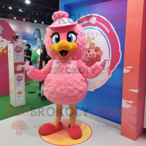 Pink Fried Chicken mascot costume character dressed with a One-Piece Swimsuit and Lapel pins