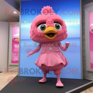 Pink Fried Chicken mascot costume character dressed with a One-Piece Swimsuit and Lapel pins