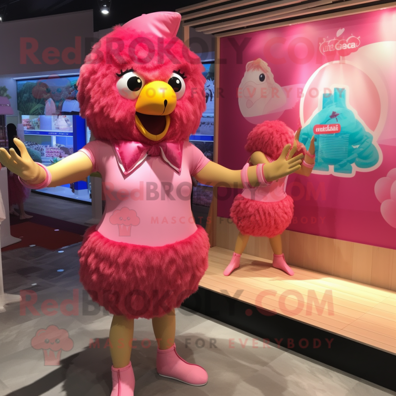 Pink Fried Chicken mascot costume character dressed with a One-Piece Swimsuit and Lapel pins