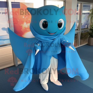 Blue Manta Ray mascot costume character dressed with a Blouse and Scarves