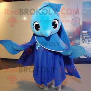 Blue Manta Ray mascot costume character dressed with a Blouse and Scarves