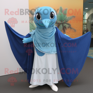 Blue Manta Ray mascot costume character dressed with a Blouse and Scarves