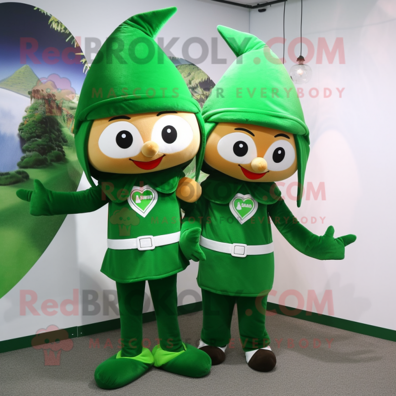 Forest Green Arrow Of Love mascot costume character dressed with a Shift Dress and Beanies