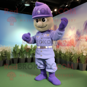 Lavender Soldier mascot costume character dressed with a Baseball Tee and Mittens