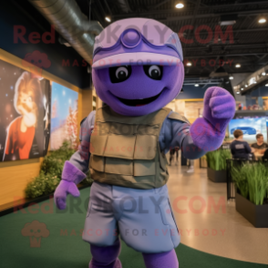 Lavender Soldier mascot costume character dressed with a Baseball Tee and Mittens