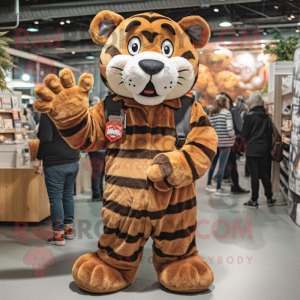 Brown Tiger mascot costume character dressed with a Flannel Shirt and Mittens