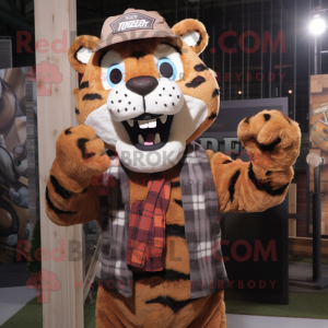 Brown Tiger mascot costume character dressed with a Flannel Shirt and Mittens