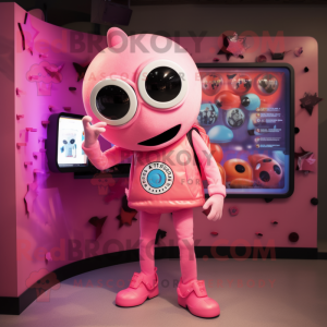 Pink Cyclops mascot costume character dressed with a Vest and Brooches