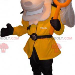Mascotte d'homme habillé d'un costume noir et jaune avec un