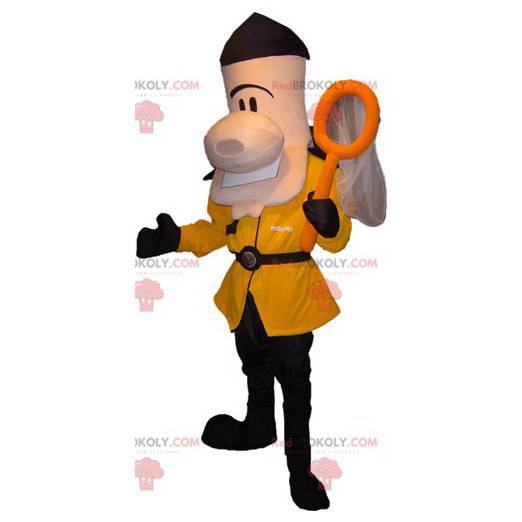 Uomo mascotte vestito con un costume nero e giallo con una rete