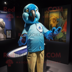 Cyan Macaw mascot costume character dressed with a Henley Tee and Lapel pins