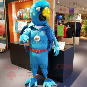 Cyan Macaw maskot drakt...