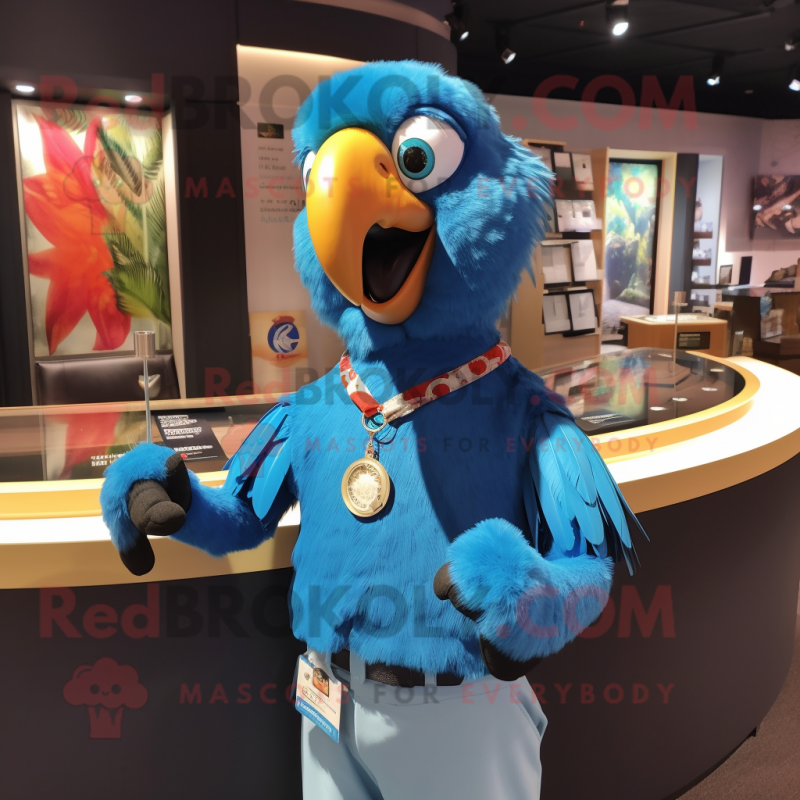 Cyan Macaw mascot costume character dressed with a Henley Tee and Lapel pins