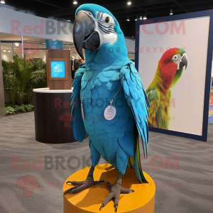 Cyan Macaw mascot costume character dressed with a Henley Tee and Lapel pins