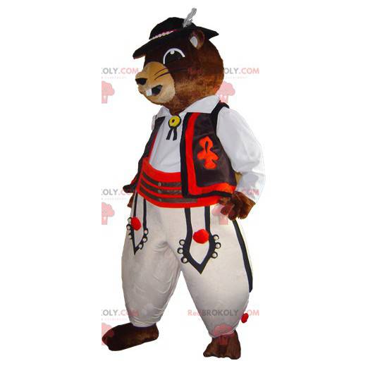 Bruine bevermarmot mascotte in traditionele kleding -