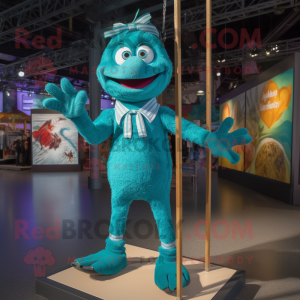 Teal Trapeze Artist mascot costume character dressed with a Button-Up Shirt and Anklets