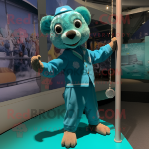 Teal Trapeze Artist mascot costume character dressed with a Button-Up Shirt and Anklets
