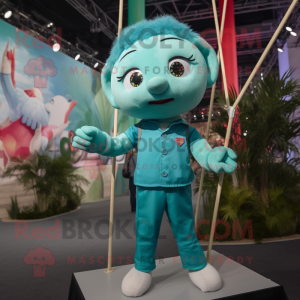 Teal Trapeze Artist mascot costume character dressed with a Button-Up Shirt and Anklets