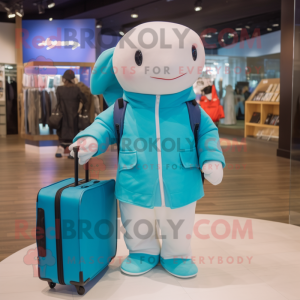 Turquoise Beluga Whale mascot costume character dressed with a Parka and Briefcases