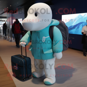 Turquoise Beluga Whale mascot costume character dressed with a Parka and Briefcases