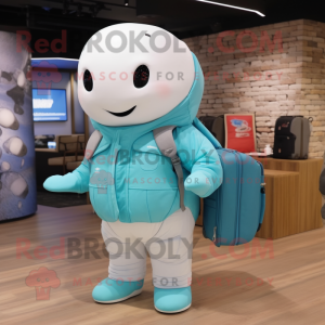 Turquoise Beluga Whale mascot costume character dressed with a Parka and Briefcases