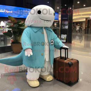 Turquoise Beluga Whale mascot costume character dressed with a Parka and Briefcases