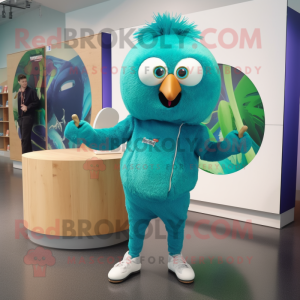 Turquoise Kiwi mascot costume character dressed with a Sweatshirt and Hairpins