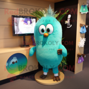 Turquoise Kiwi mascot costume character dressed with a Sweatshirt and Hairpins