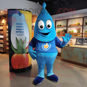 Blue Mango mascot costume character dressed with a Sweatshirt and Watches