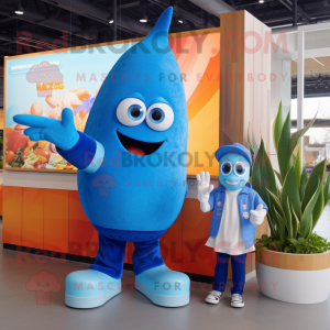 Blue Mango mascot costume character dressed with a Sweatshirt and Watches