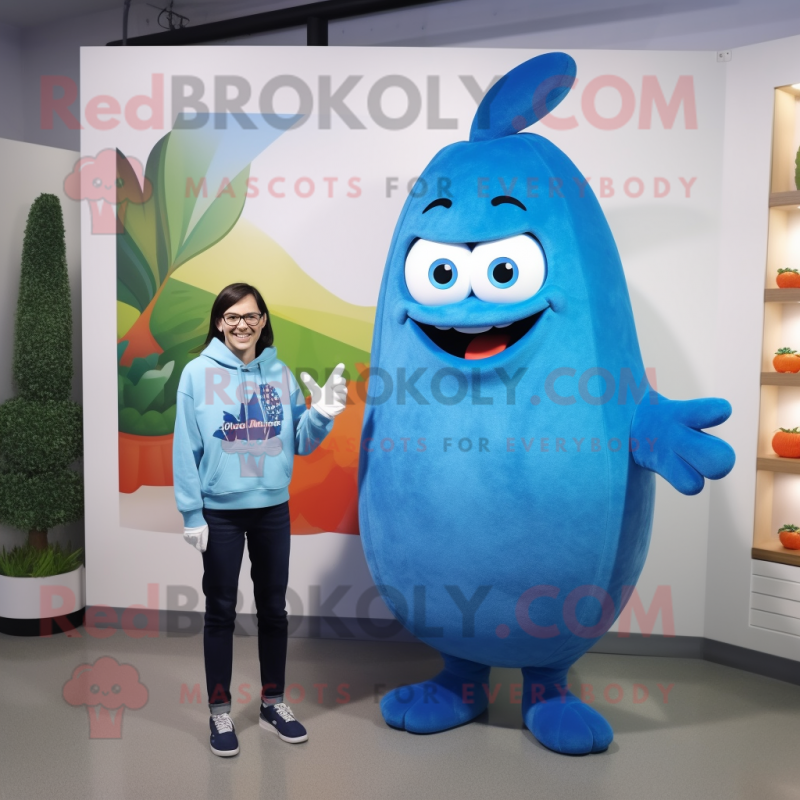 Blue Mango mascot costume character dressed with a Sweatshirt and Watches Blue Mango mascot costume character dressed with a Sweatshirt and Watches