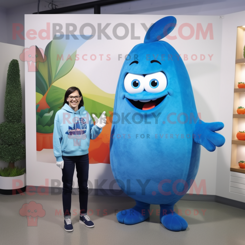 Blue Mango mascot costume character dressed with a Sweatshirt and Watches