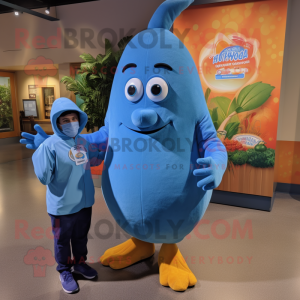 Blue Mango mascot costume character dressed with a Sweatshirt and Watches