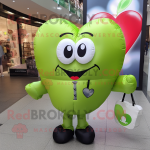 Olive Heart Shaped Balloons mascot costume character dressed with a Waistcoat and Tote bags