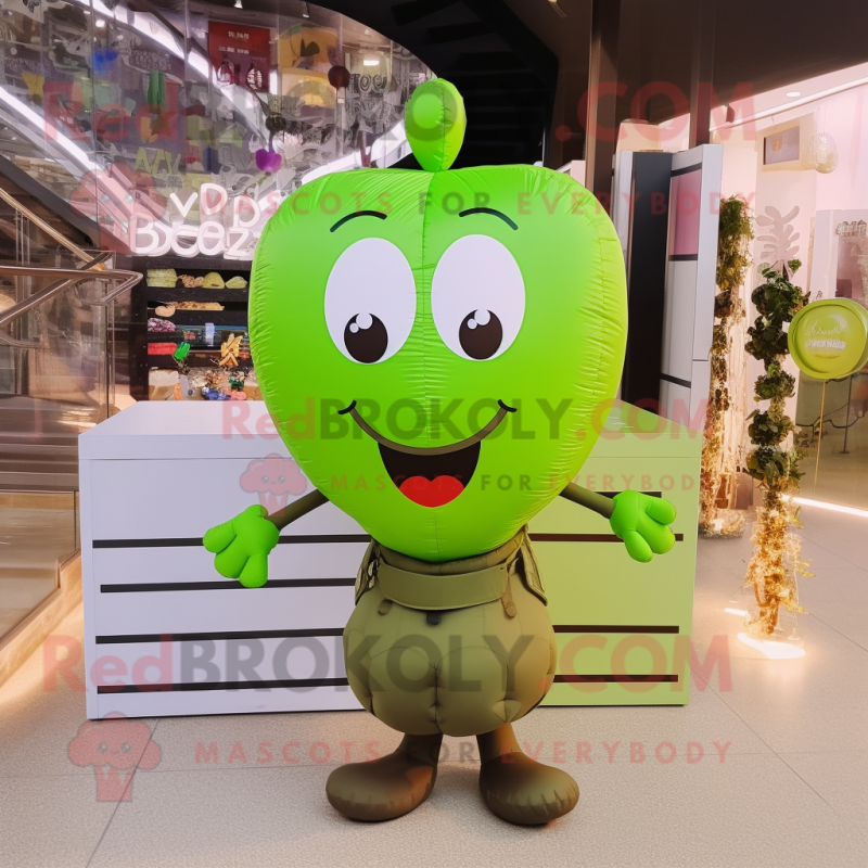 Olive Heart Shaped Balloons mascot costume character dressed with a Waistcoat and Tote bags Olive Heart Shaped Balloons mascot costume character dressed with a Waistcoat and Tote bags